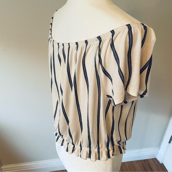 VINTAGE On/Off Shoulder Off White Top - Black Strip - Waist Elastic - Size L - Picture 4 of 11
